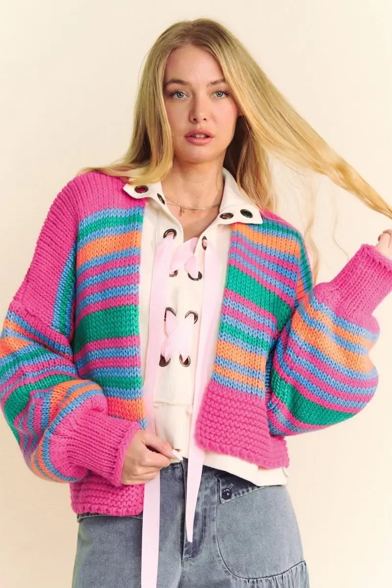 Rose Stripe Colorful Puff Sleeve Drop Shoulder Loose Cardigan - Love Salve